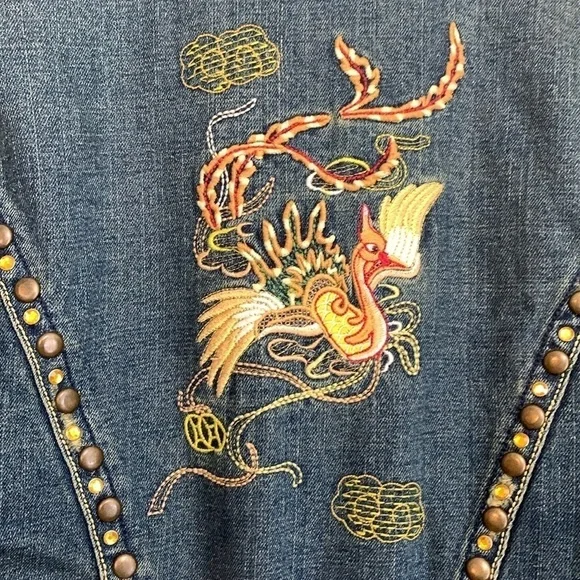 Z. Cavaricci Y2K Denim Blue Jean Bird Embroidery Distressed Button Down Jacket 4 - Picture 15 of 17